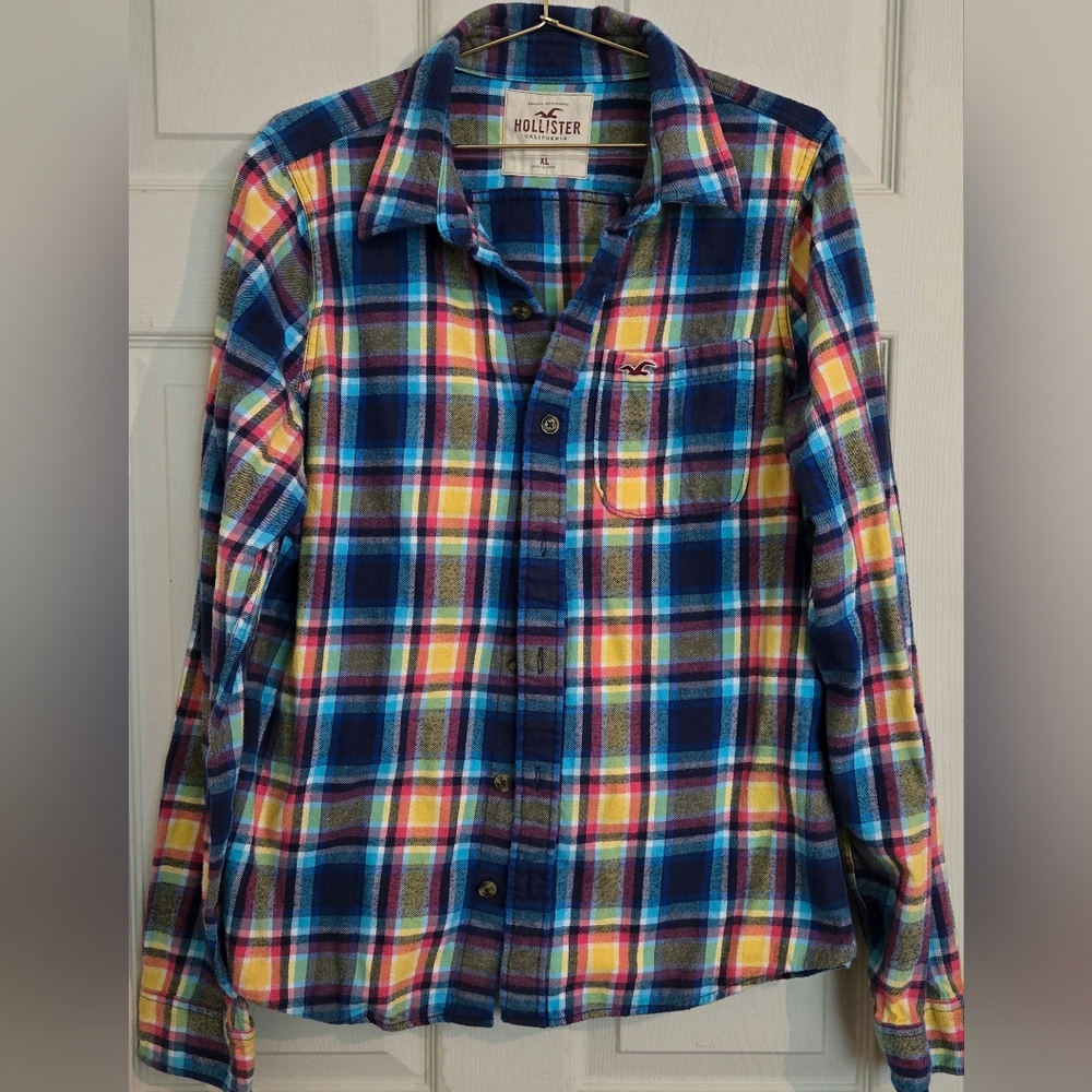 Hollister Blue and Yellow Plaid Long Sleeve Button Down Flannel Mens Shirt